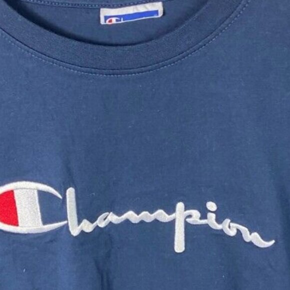 Champion Navy Blue Embroidered Long Sleeve T-Shirt Boys Size Large Tee Crew Neck - Picture 4 of 9